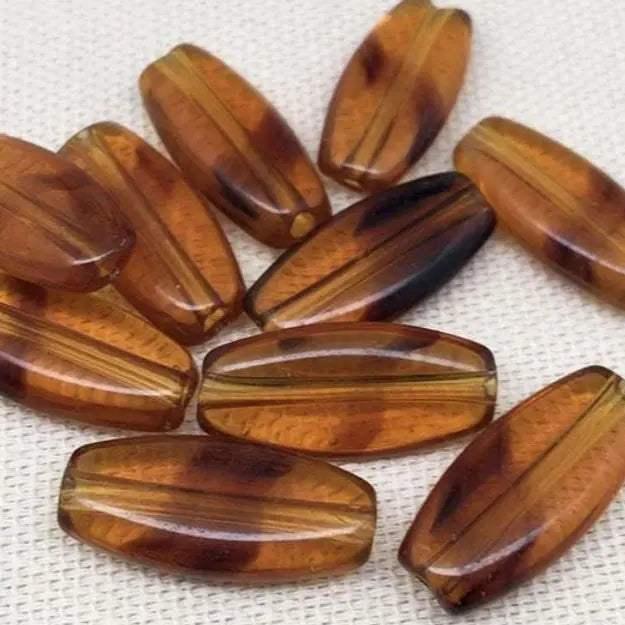 10 Vintage Topaz Czech Striped Oval Glass Beads - Sea Beads