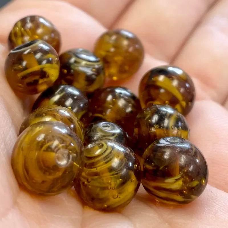 10 Vintage Topaz Dark Japan Striped Glass Beads - Sea Beads