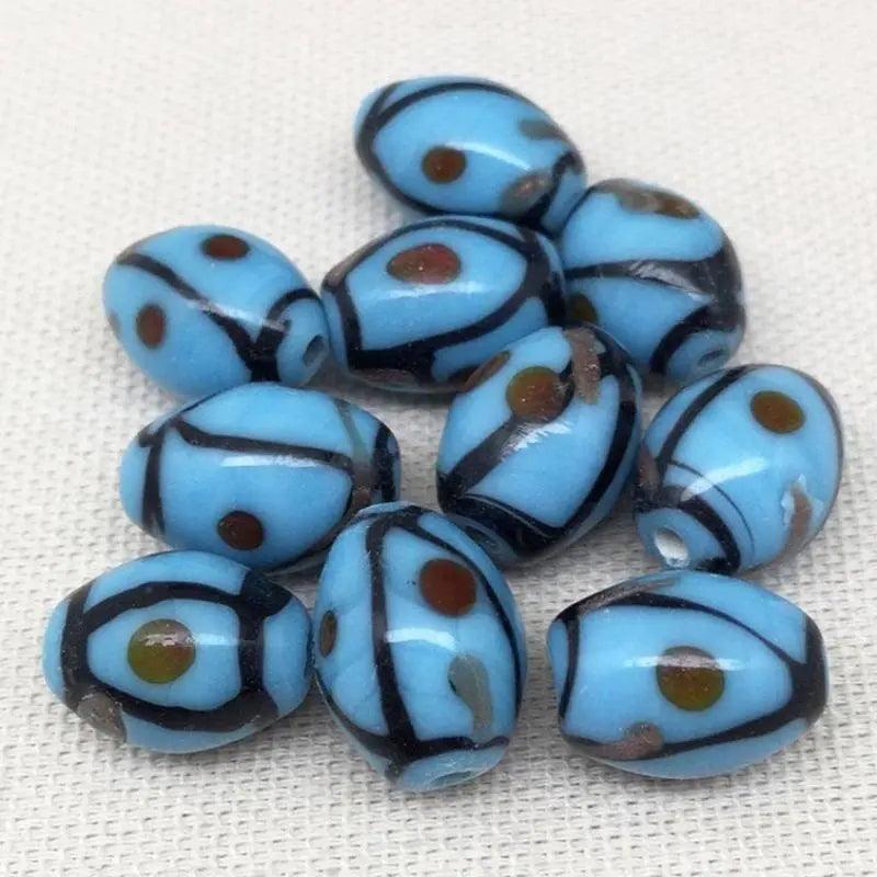 10 Vintage Blue Turquoise Abstract Oval Glass Beads - Sea Beads