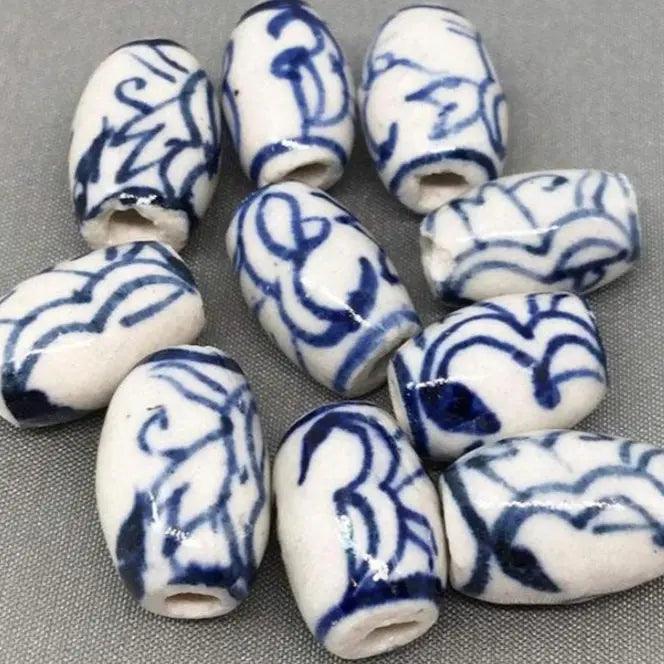 10 Vintage White Blue Porcelain Beads - Sea Beads