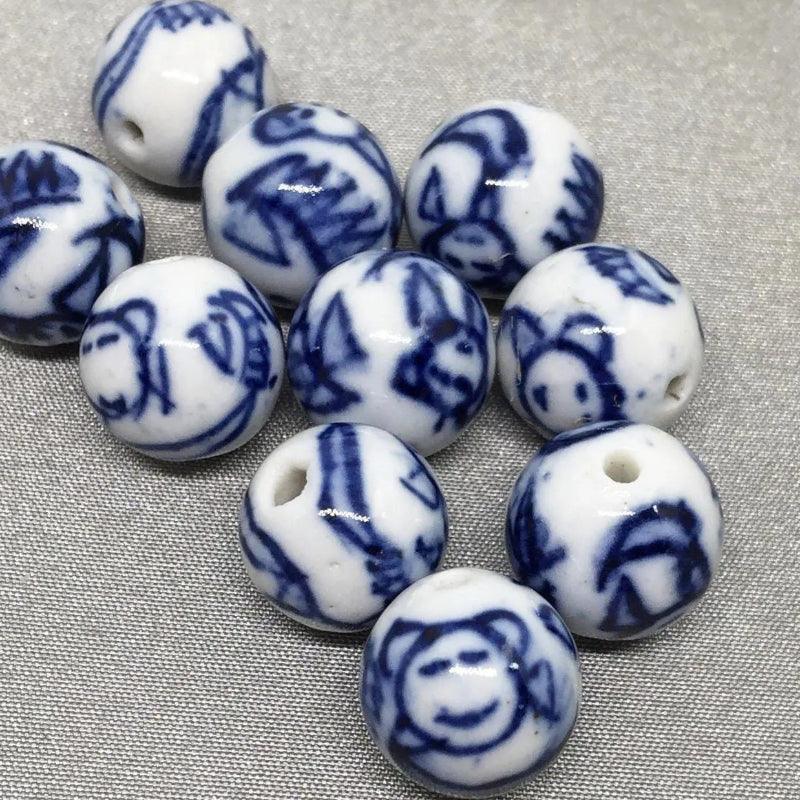 10 Vintage White Blue Porcelain Round Beads - Sea Beads