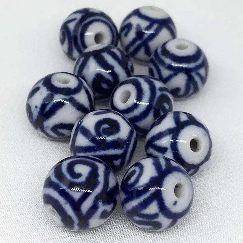 10 Vintage Blue White Swirl Porcelain Round Beads - Sea Beads