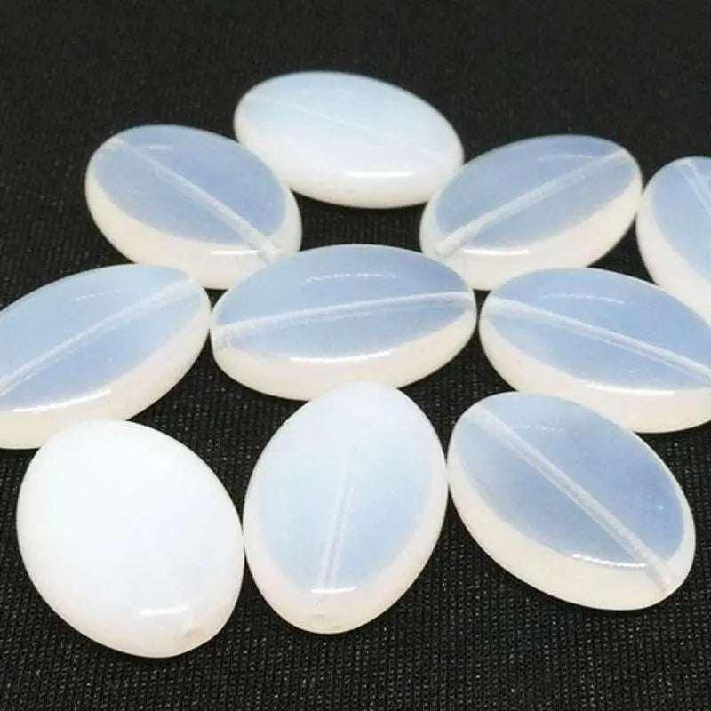 10 Vintage White Czech Opal Flat Oval Glass Beads - Sea Beads