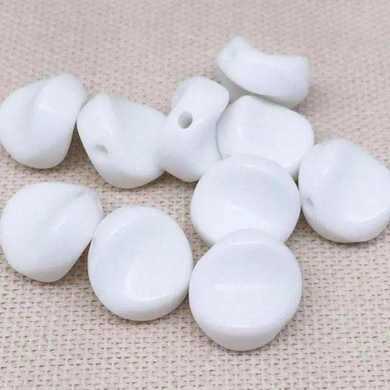 10 Vintage White Czech Wavy Coin Glass Beads - Sea Beads