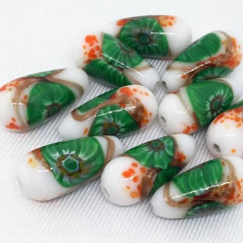 10 Vintage Green White Orange Millefiori Teardrop Glass Beads - Sea Beads