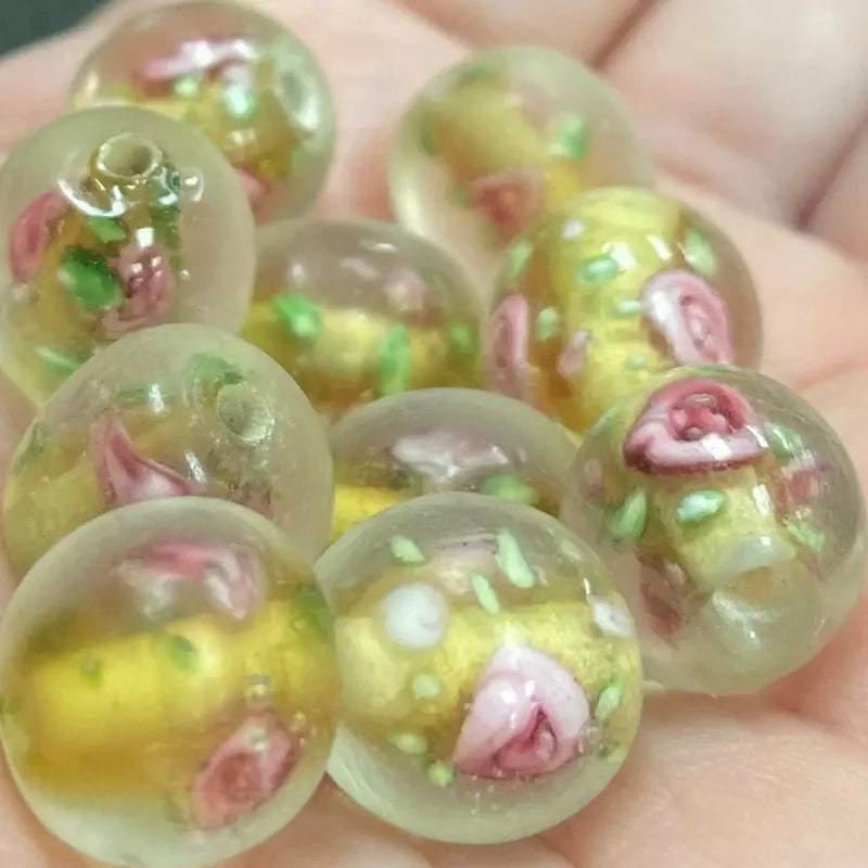 10 Vintage Yellow Clear Rose Encased Glass Beads - Sea Beads