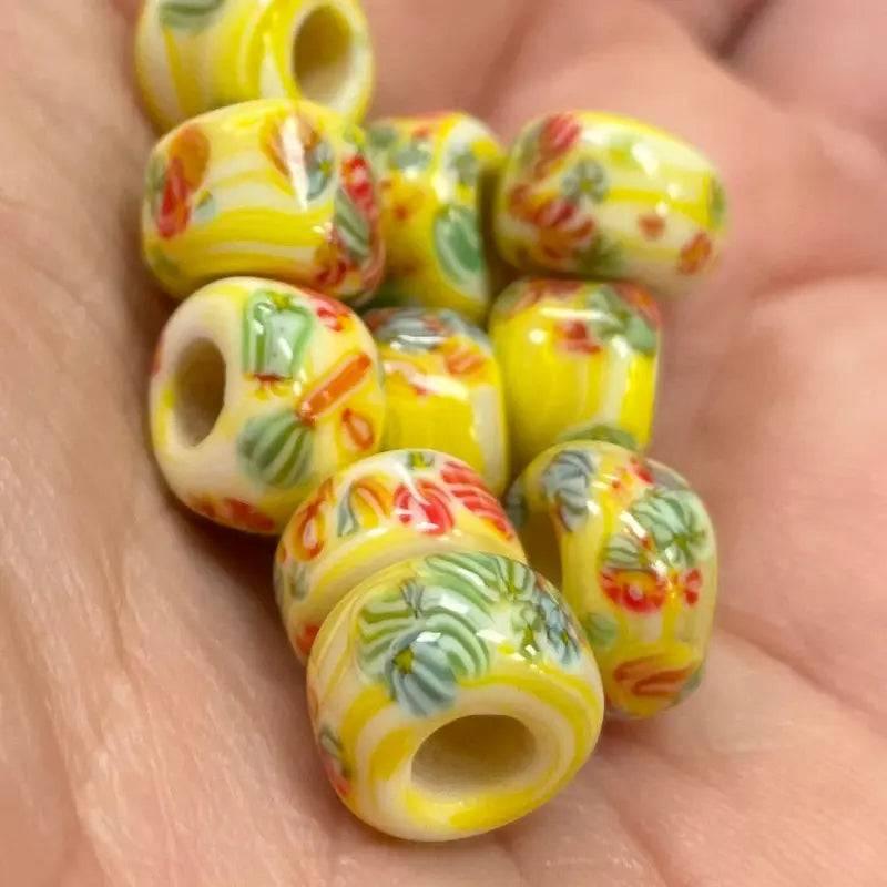 10 Vintage Yellow Japan Millefiori Roller Glass Beads - Sea Beads