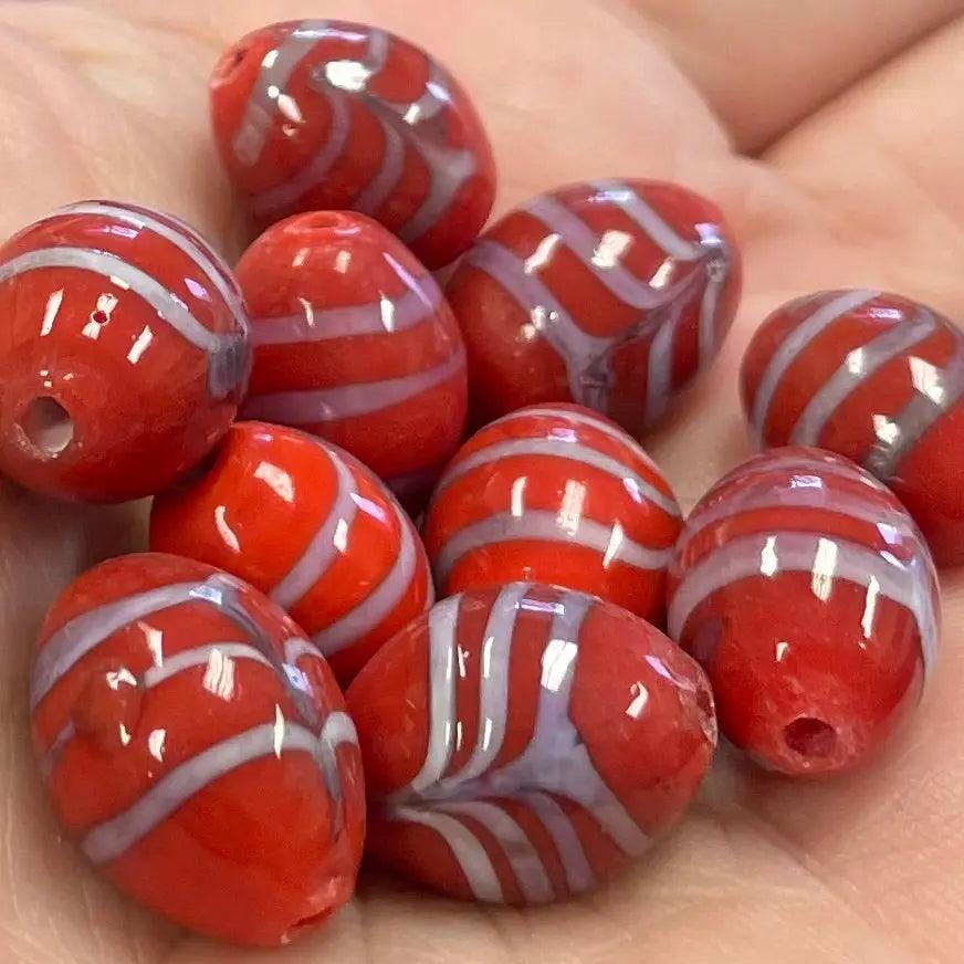 10 vintage Red Silver Striped Oval Glass Beads - Sea Beads