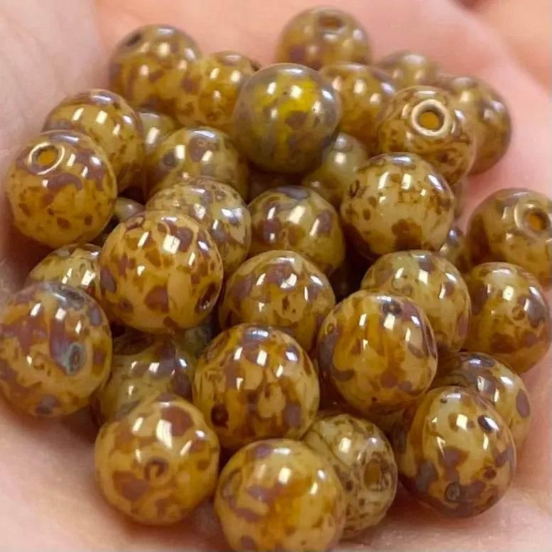 100 Golden Brown Czech Picasso Round Glass Beads - Sea Beads