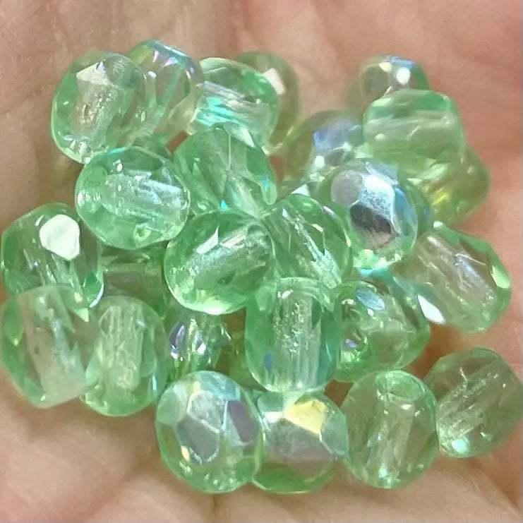 100 Green Mint AB Czech Fire Polished Glass Beads - Sea Beads