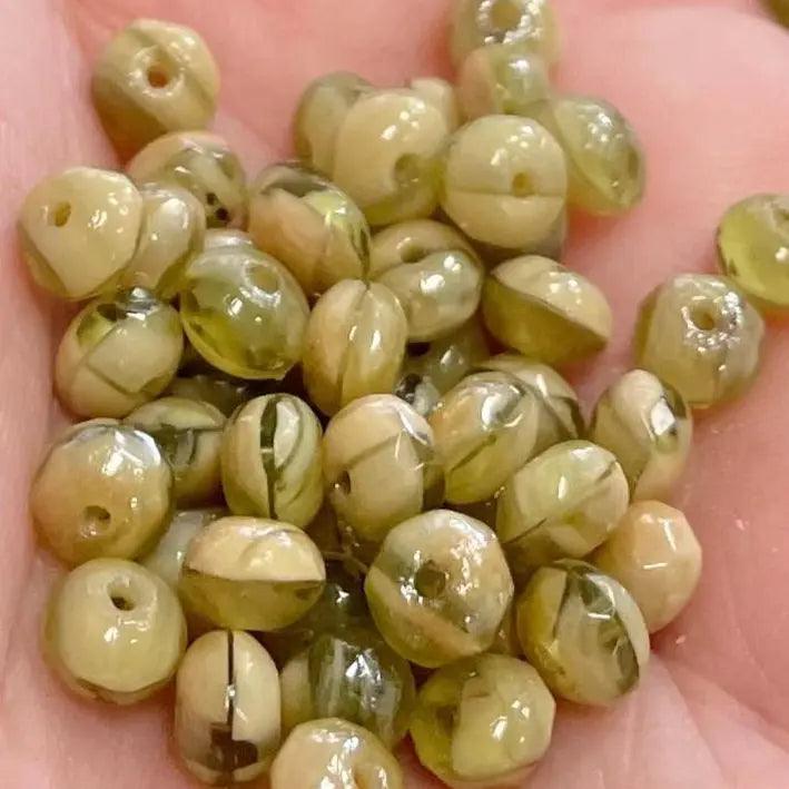 100 Green Olive Light Cream Rondelle Glass Beads - Sea Beads