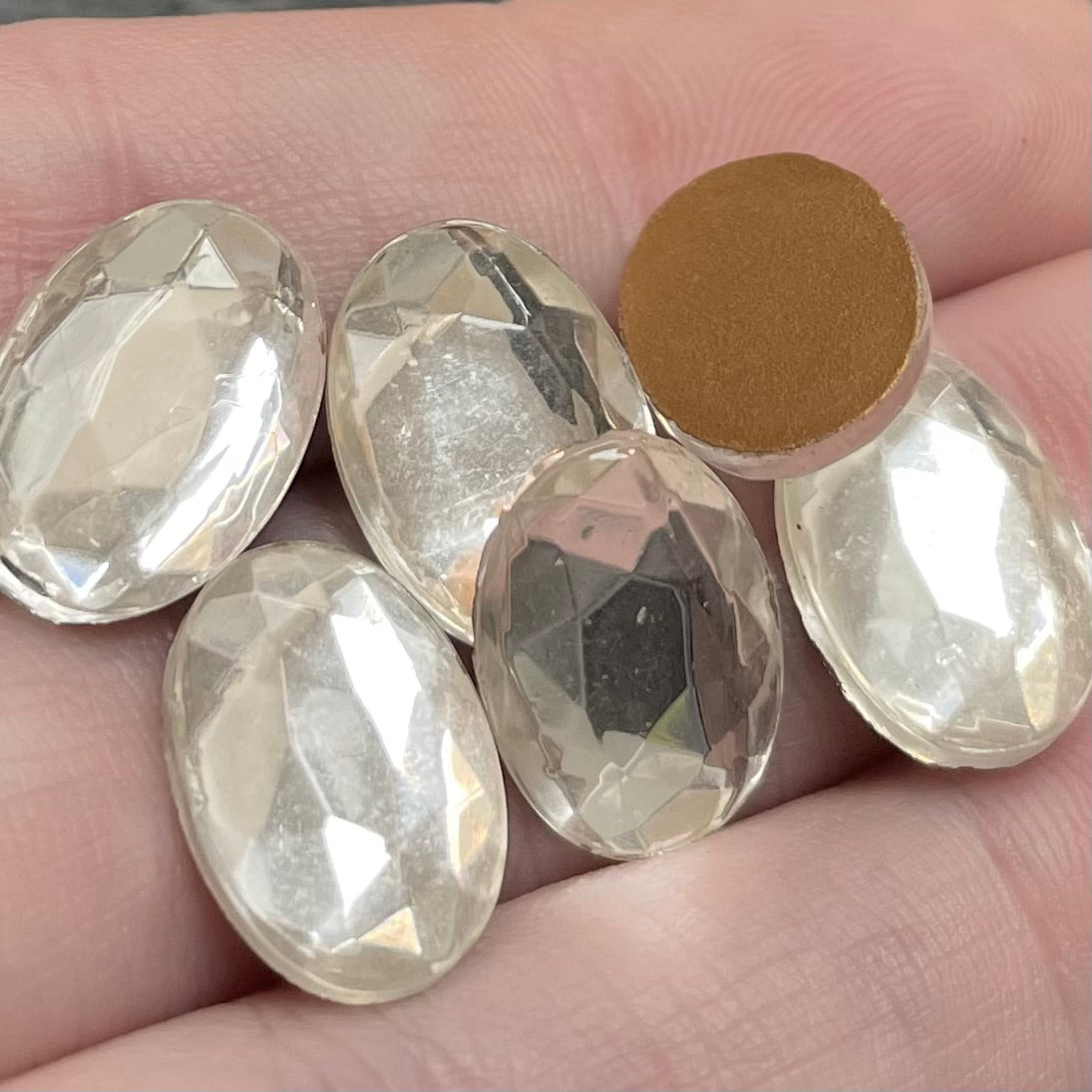 6 Vintage Clear German Oval Glass Cabochons