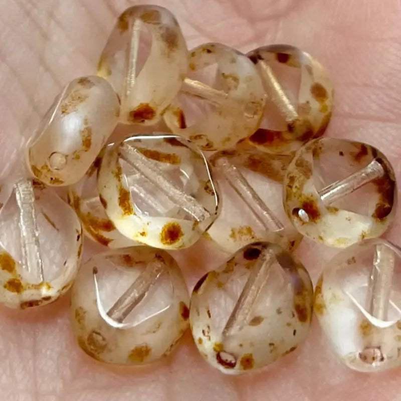 12 Clear Brown Picasso Czech Window Glass Beads - Sea Beads