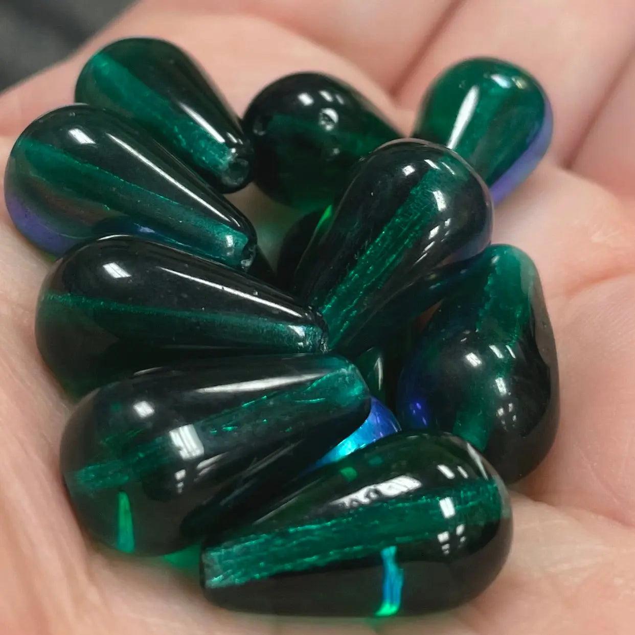 12 Green Emerald AB Czech Teardrop Glass Beads - Sea Beads