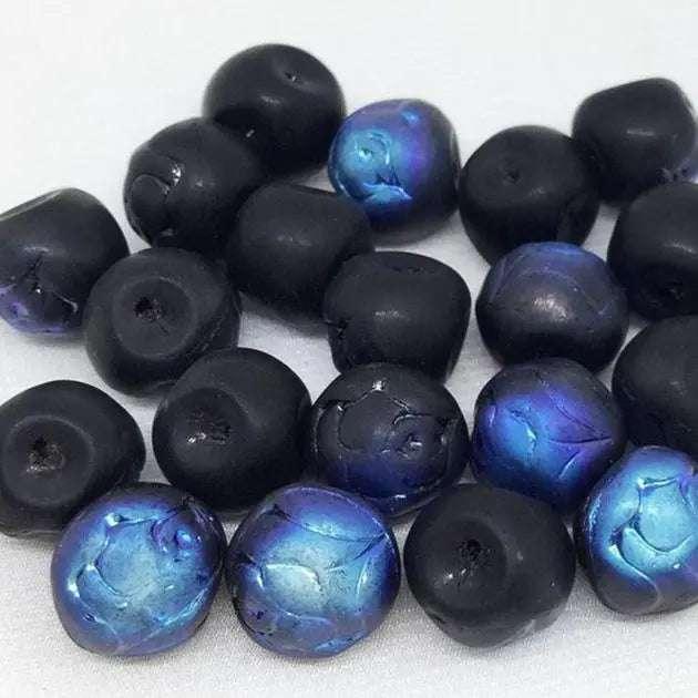 12 Vintage Black Czech Glass Mushroom Button Beads - Sea Beads