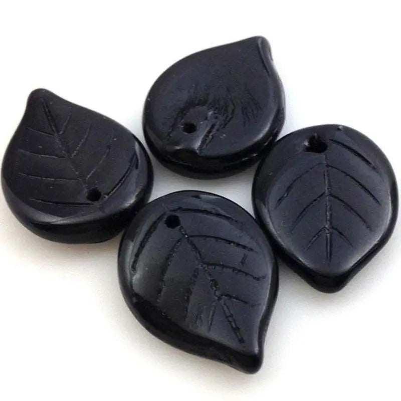 12 Vintage Black Czech Leaf Glass Beads - Sea Beads