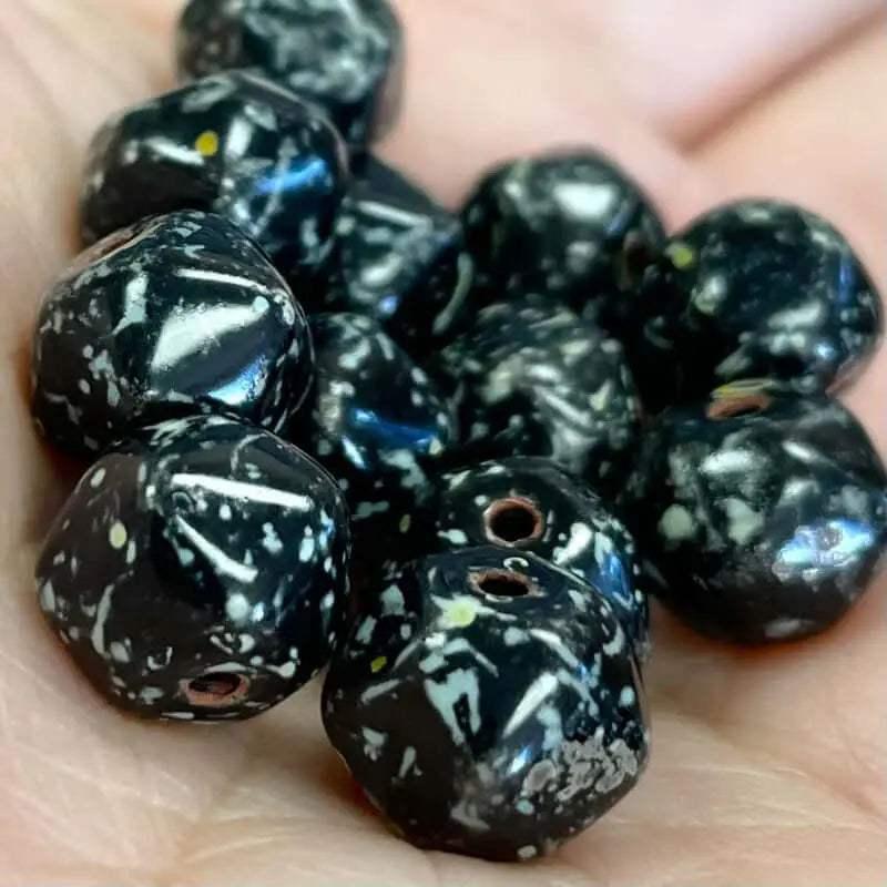12 Vintage Black Czech Picasso Baroque Glass Beads - Sea Beads