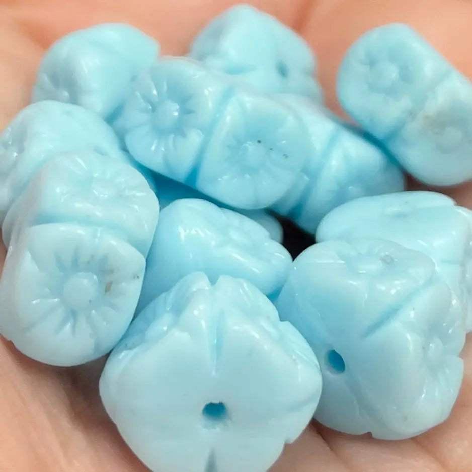 12 Vintage Blue Baby Czech Etched Flower Glass Beads - Sea Beads