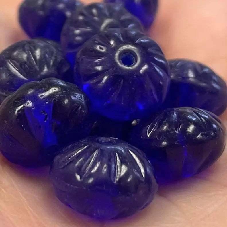 12 Vintage Blue Cobalt Czech Rondelle Pressed Glass Beads - Sea Beads