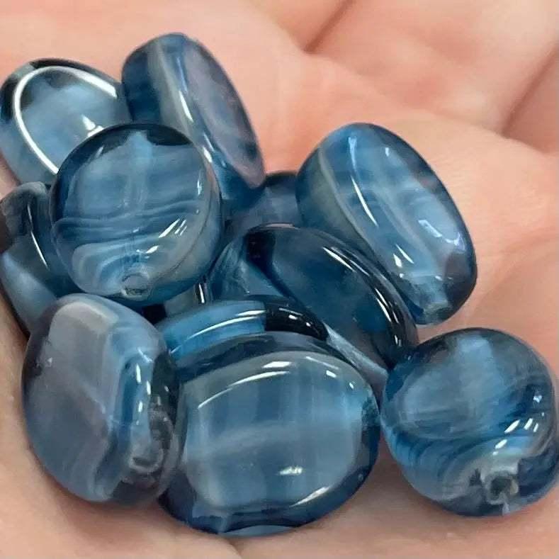 12 Vintage Blue Denim Oval Striped Glass Beads - Sea Beads