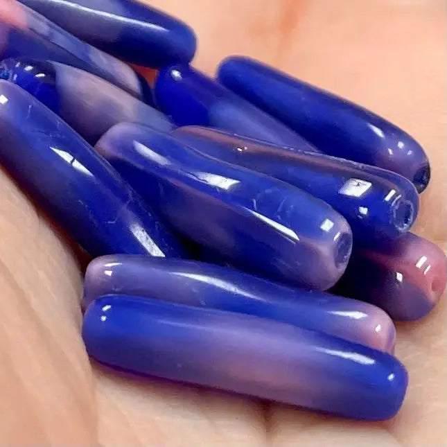 12 Vintage Blue Pink Italian Tube Glass Beads - Sea Beads