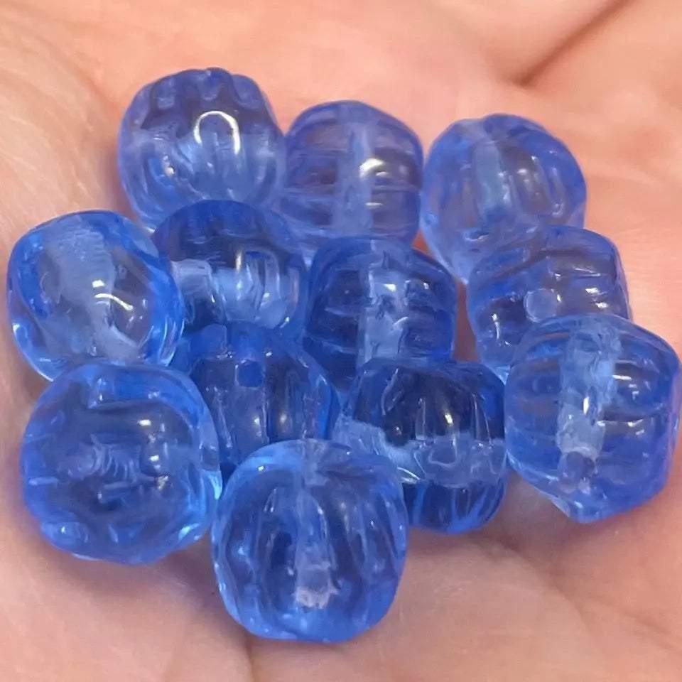 12 Vintage Blue Sapphire Czech Pressed Glass Beads - Sea Beads