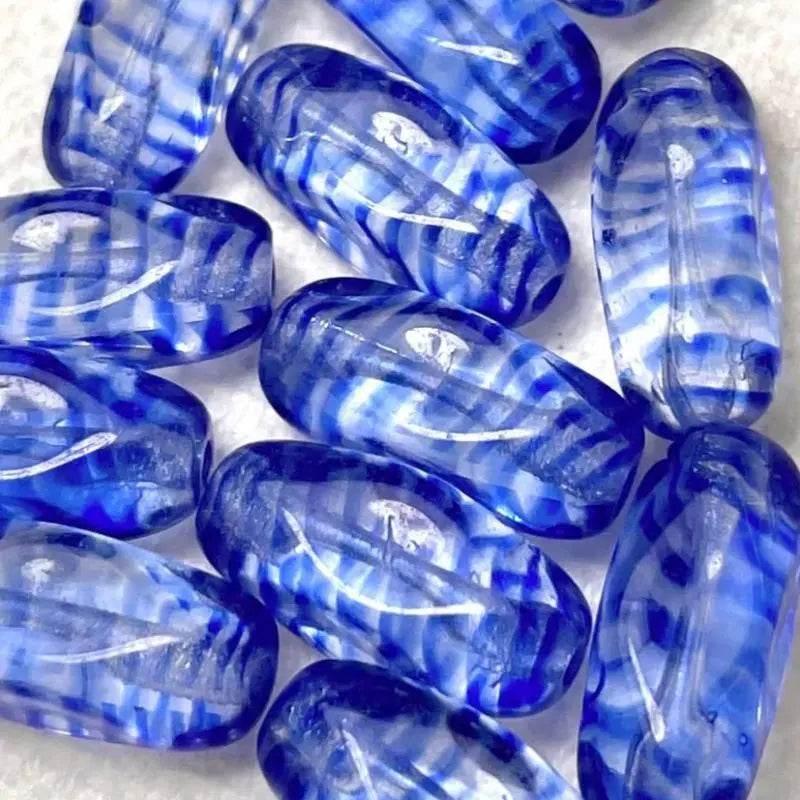 12 Vintage Blue Striped Oval Glass Beads - Sea Beads