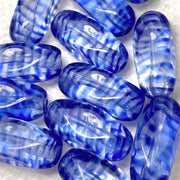 12 Vintage Blue Striped Oval Glass Beads - Sea Beads
