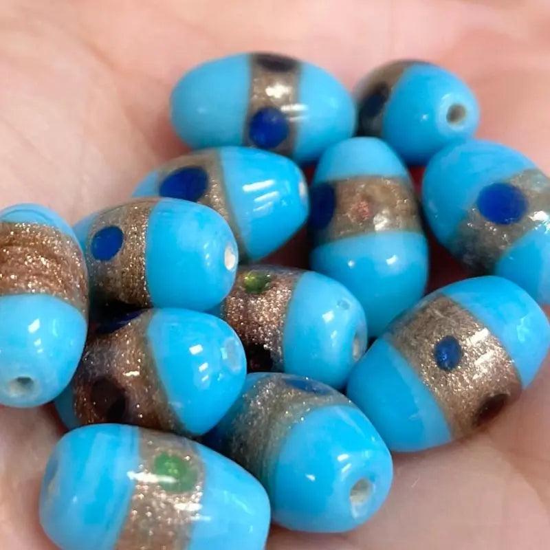 12 Vintage Blue Turquoise Aventurine Striped Oval Glass Beads - Sea Beads