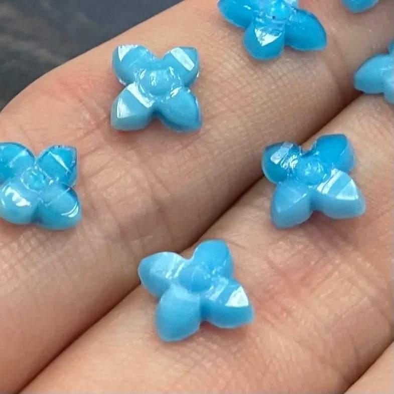 12 Vintage Blue Turquoise Floral Tiny Glass Cabochons - Sea Beads
