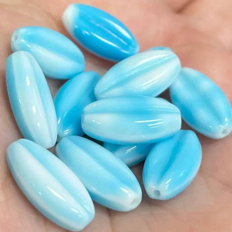 12 Vintage Blue Turquoise White Austrian Oval Glass Beads - Sea Beads