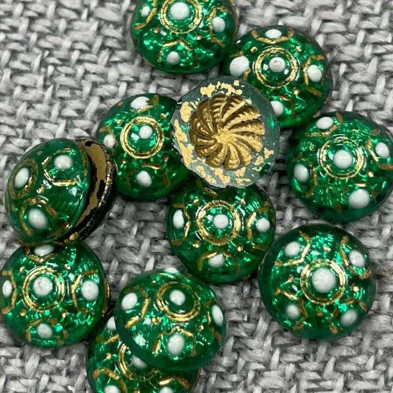 12 vintage embellished Victorian green round glass stones with enamel design.