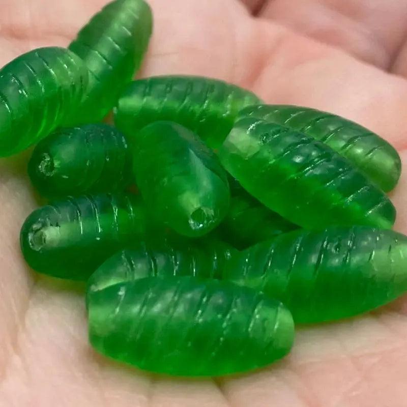 12 Vintage Green Frosted Czech Spiral Oval Glass Beads - Sea Beads