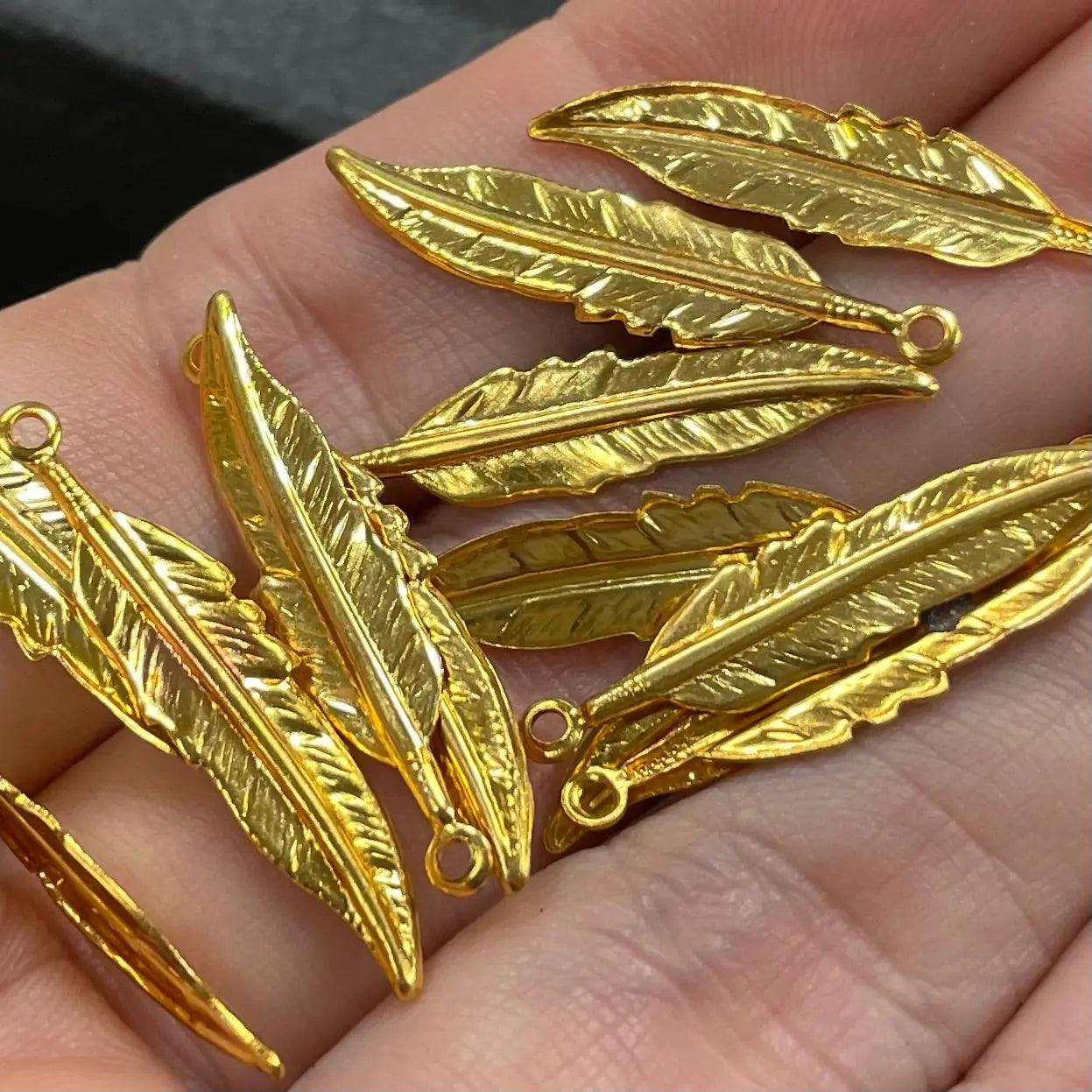 12 Vintage Gold Plated Feather Metal Charms - Sea Beads