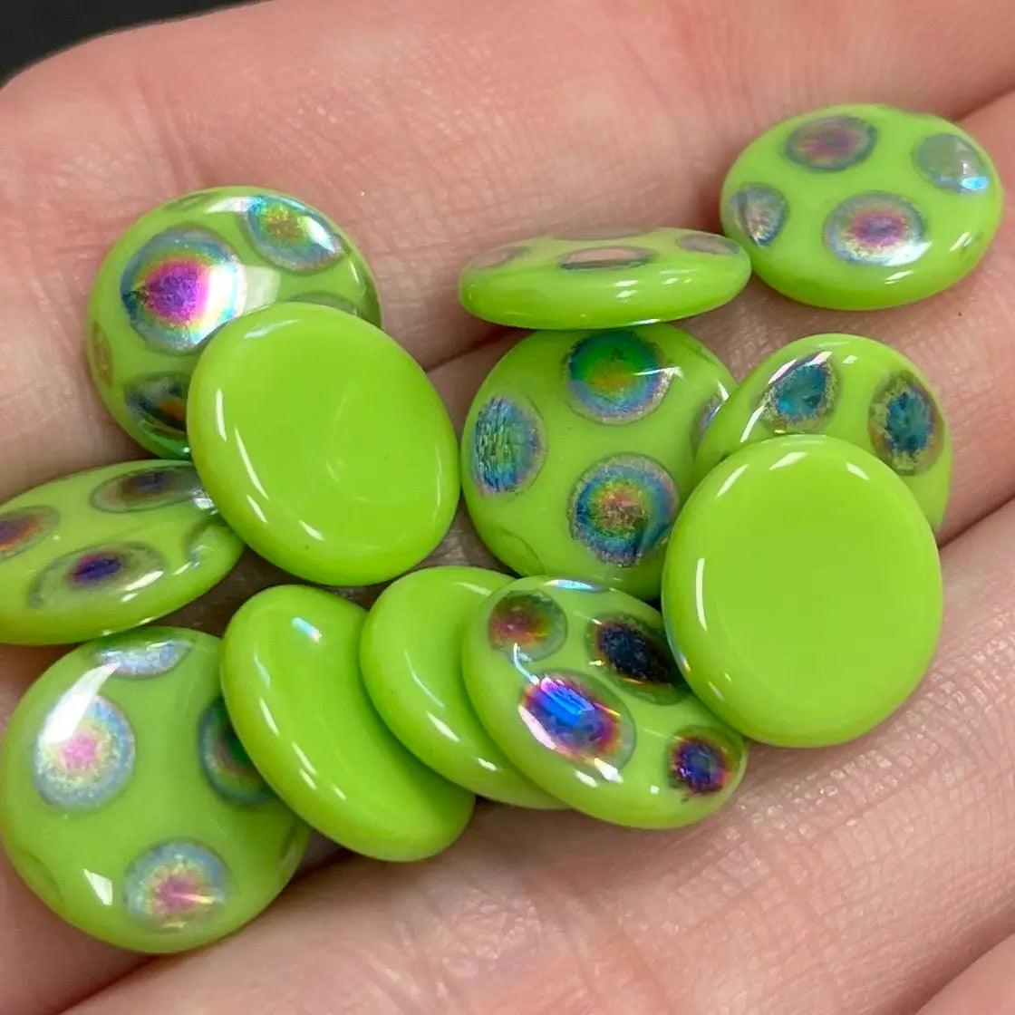 24 Vintage Green Czech Polka Dot Round Glass Cabochons - Sea Beads