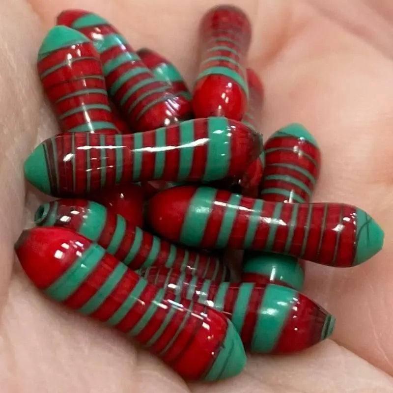 12 Vintage Green Red Italian Glass Beads - Sea Beads