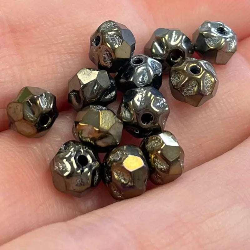 12 Vintage Iris Bronze Pressed Glass Beads - Sea Beads