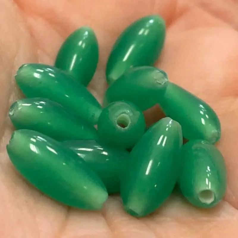 12 Vintage Green Jade Japan Oval Glass Beads - Sea Beads