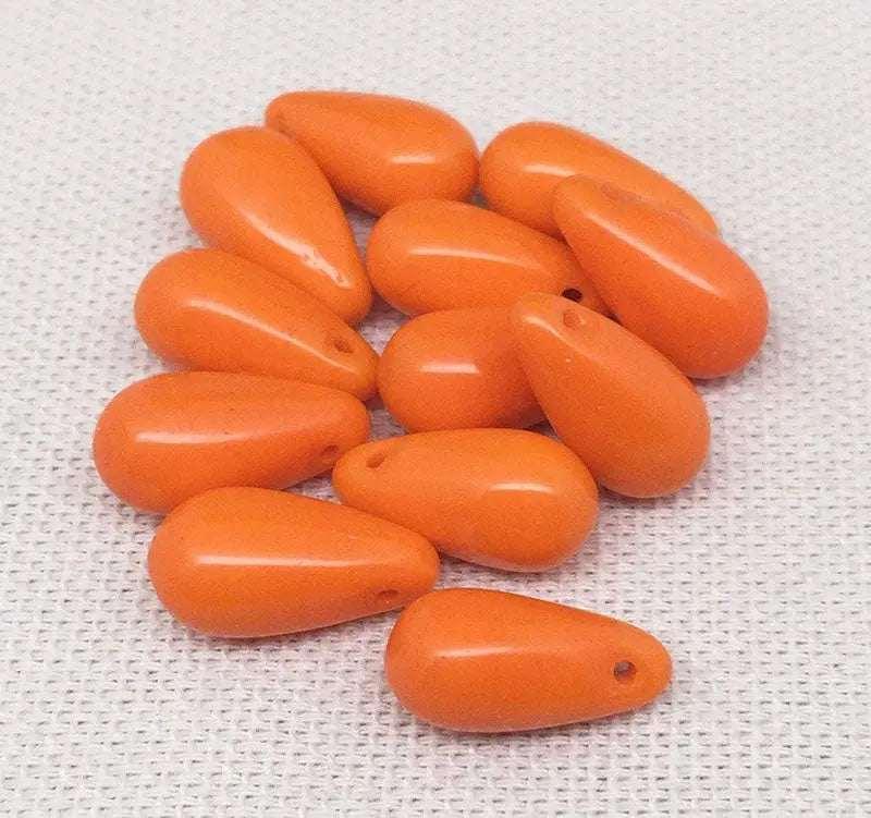 12 Vintage Opaque Orange German Drop Glass Beads 14mm - Sea Beads