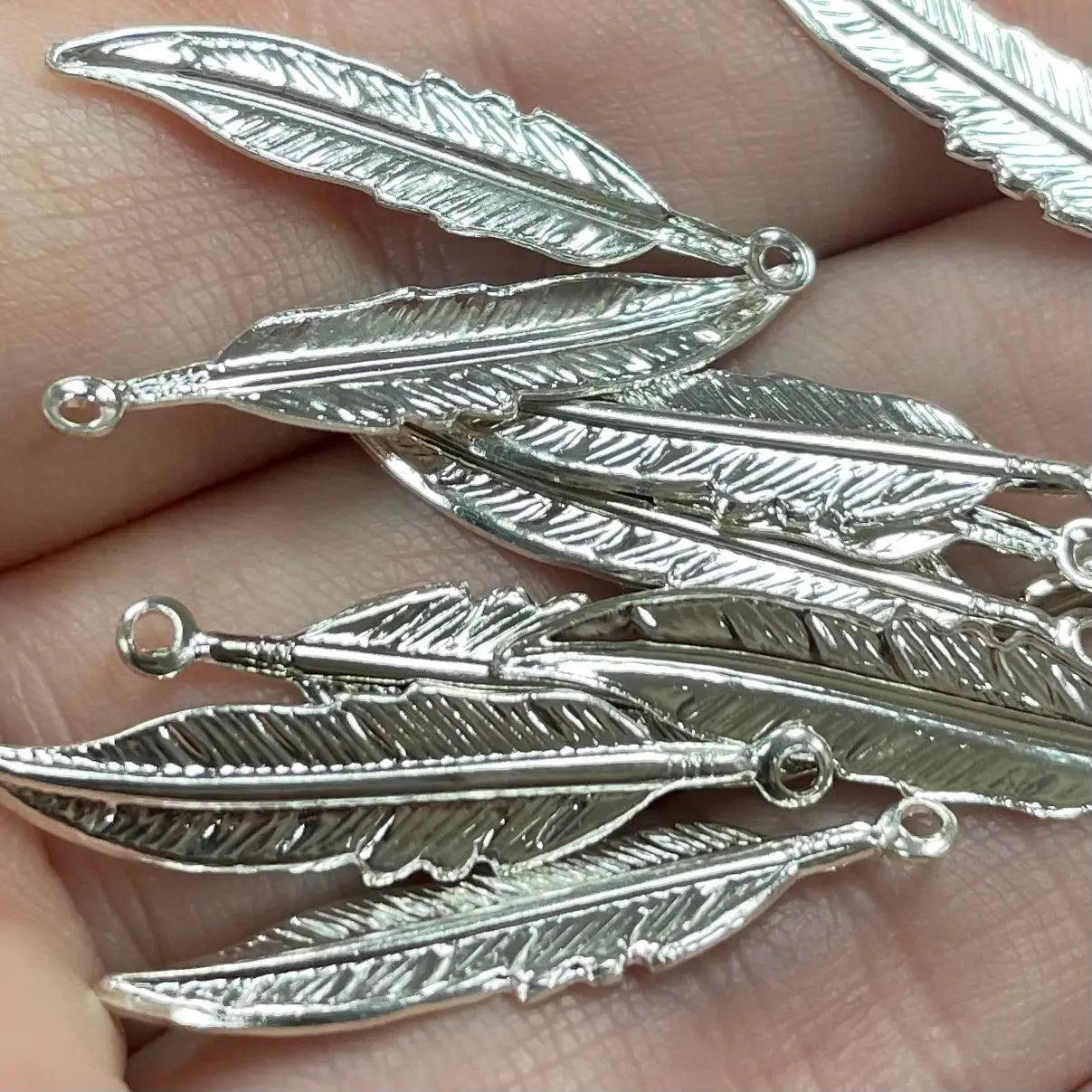12 Vintage Silver Plated Feather Metal Charms - Sea Beads