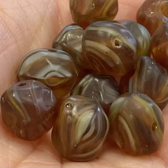 12 Vintage Striped Topaz Czech Baroque Glass Beads, 10x9mm.