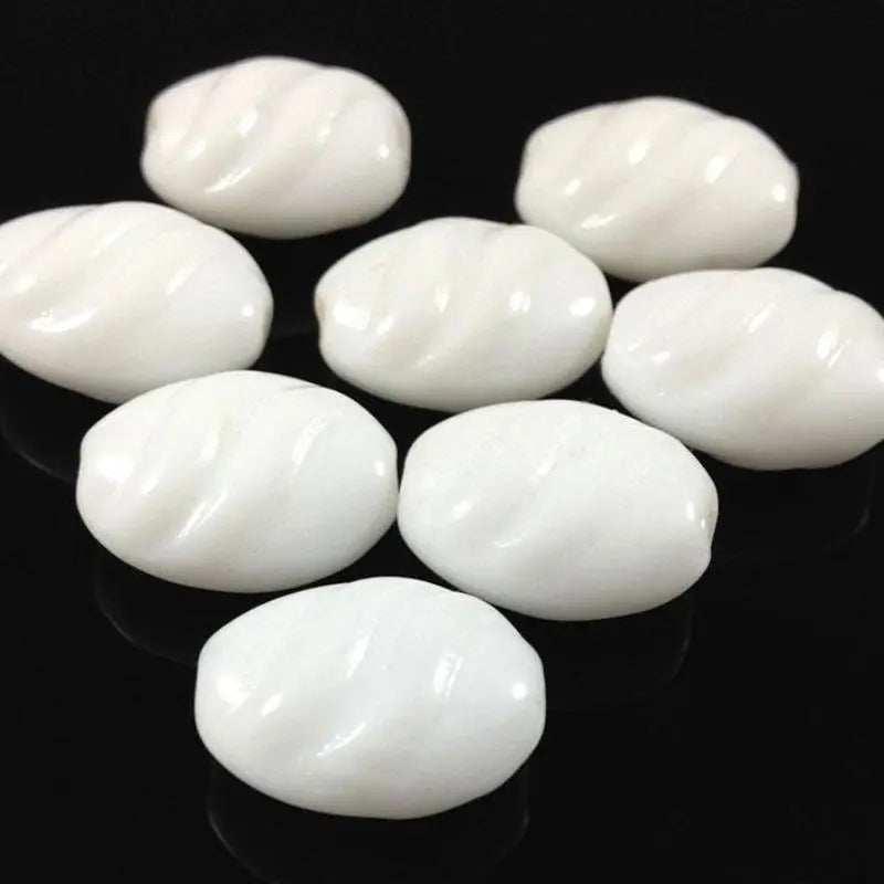 12 Vintage White German Oval Glass Beads - Sea Beads