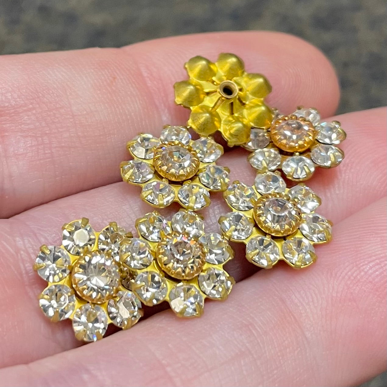 6 Vintage Brass Clear Swarovski Flower Components