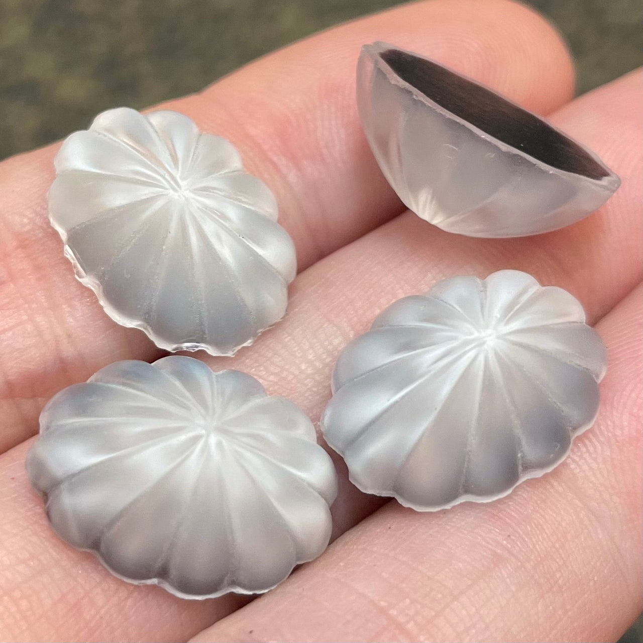 4 Vintage German Matte Gray Fluted Oval Glass Cabochons