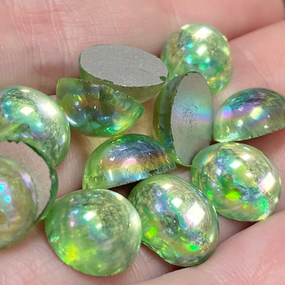 12 Vintage Green Peridot AB Oval Glass Cabochons