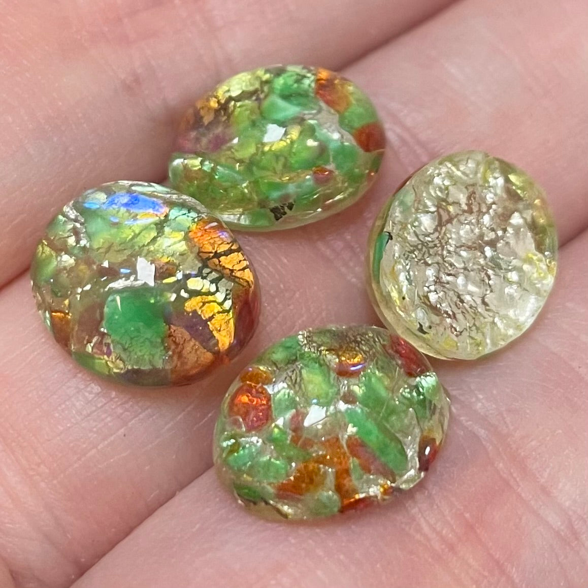 4 Vintage Green Foil Japan Oval Glass Cabochons #77