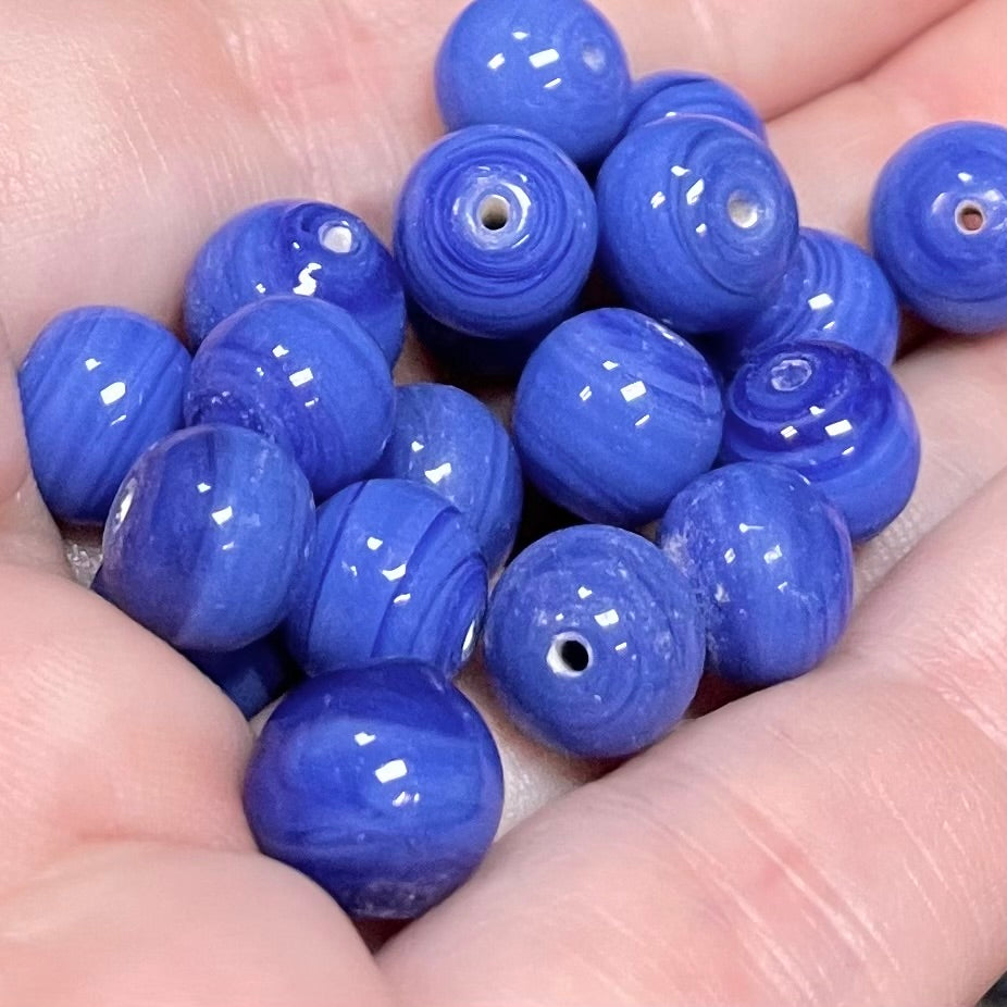 25 Vintage Blue Striped Round Mixed Glass Beads