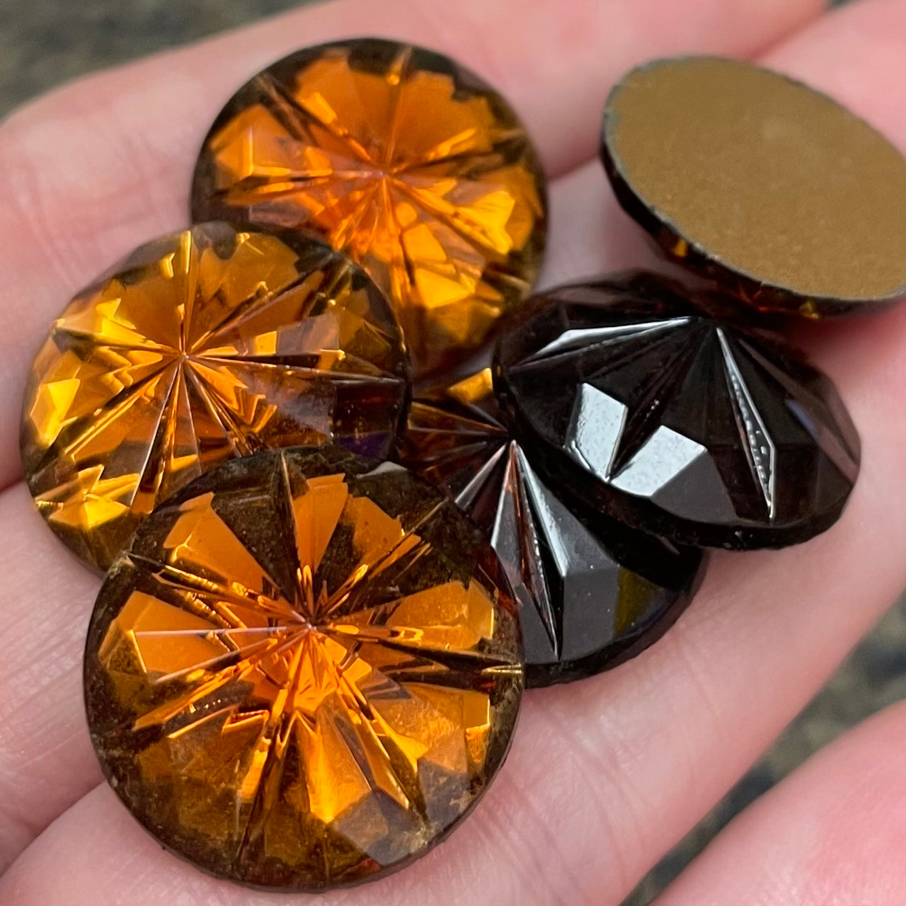 6 Vintage Topaz Dark German Round Floral Cabochons