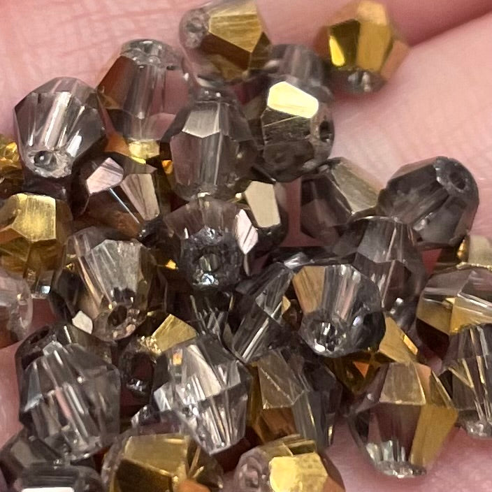 48 Vintage Black Diamond Gold Bicone Glass Beads