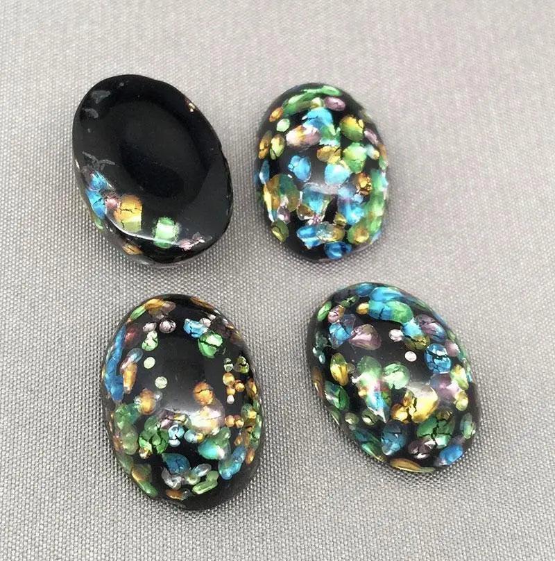 2 Vintage Black Foil Japan Oval Glass Cabochons - Sea Beads